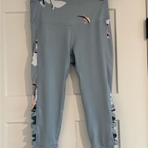 Women’s Blue Gray Floral Cropped Leggings with Side Cutout Detail – Size M